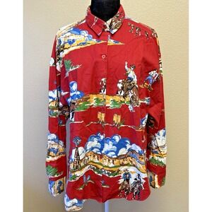 Vtg Viale Western Rodeo Cowboy Bucking Horse Wind Mills L Blouse Cotton READ